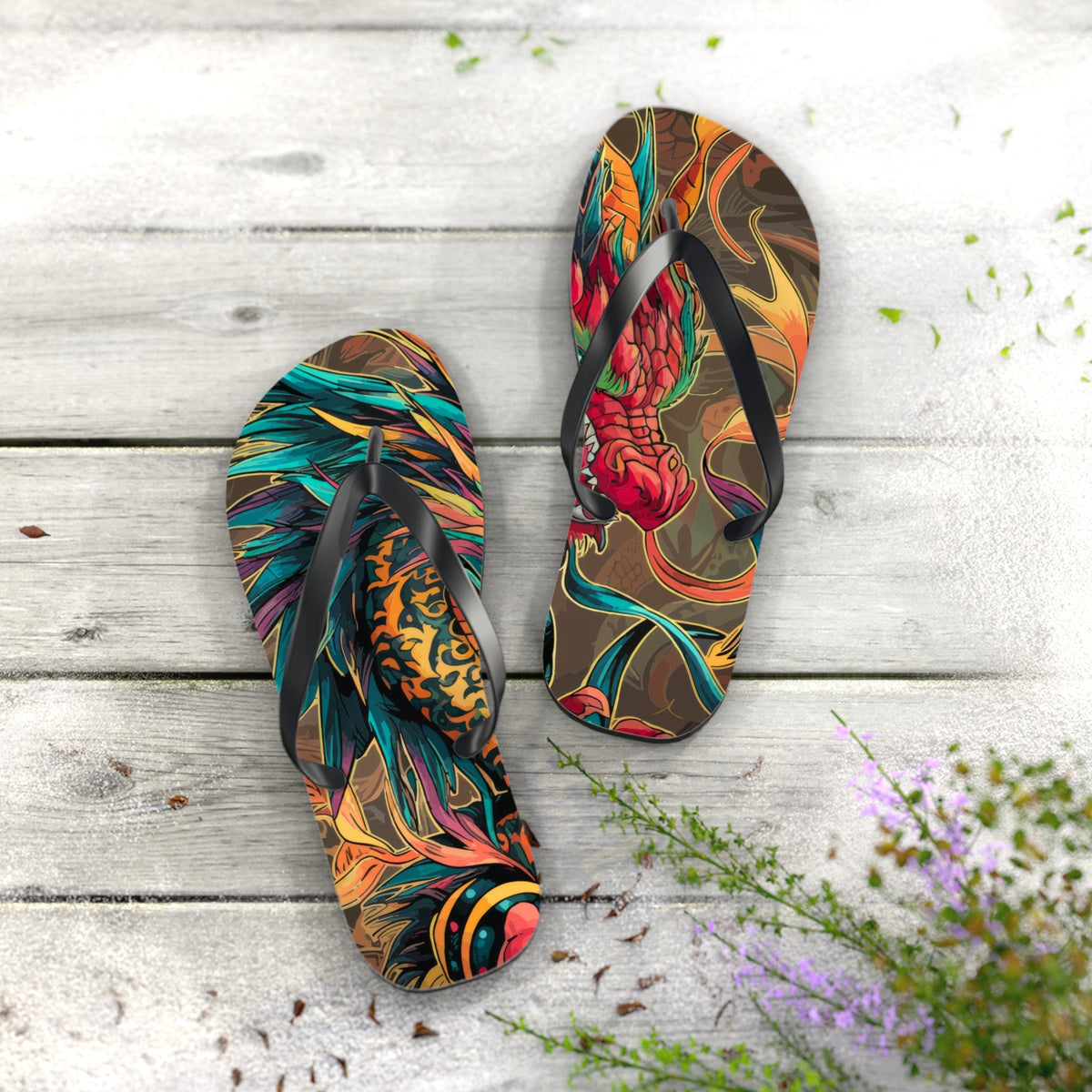 Two dragon-print flip-flops with black thong straps and multicolor artwork
