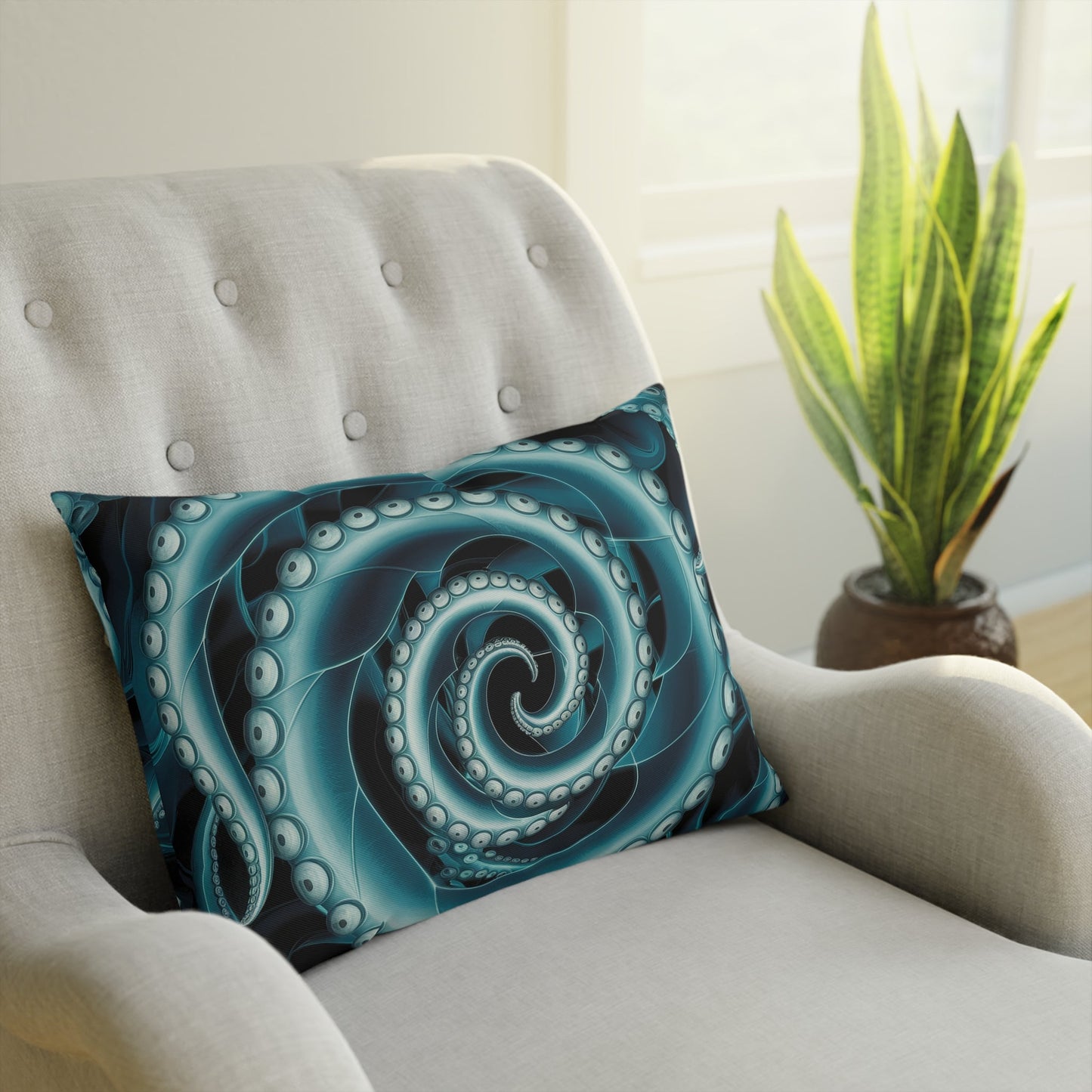 Octopus Spiral Tentacle Cushion – Hypnotic Bioluminescent Teal & Black Deep Sea Art | Cotton Cover | Double-Sided Print | 3 Sizes | Gothic Ocean Home Decor