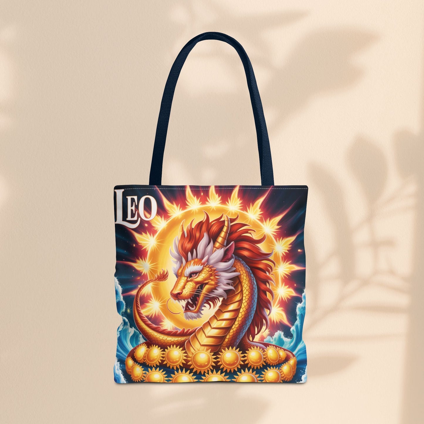 Leo Zodiac Tote Bag – Golden Dragon Sun Celestial Art | 3 Sizes | 5 Handle Colours | Leo Birthday Gift & Astrology Bag