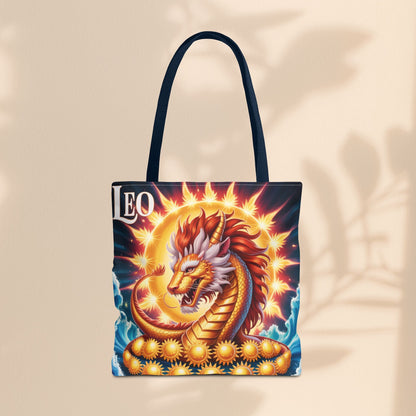 Leo Zodiac Tote Bag – Golden Dragon Sun Celestial Art | 3 Sizes | 5 Handle Colours | Leo Birthday Gift & Astrology Bag