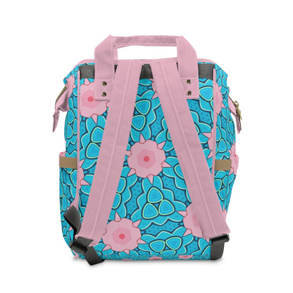 Aqua & Pink Lotus Scale Diaper Backpack – Turquoise Floral Pattern | Large Capacity Nappy Bag | Multiple Pockets | Baby Shower & New Mum Gift