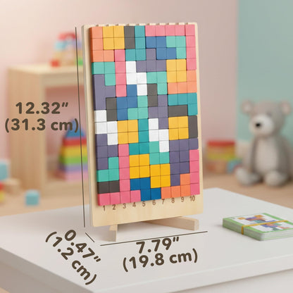 Wooden puzzle block board with multicolor tiles on an easel stand.