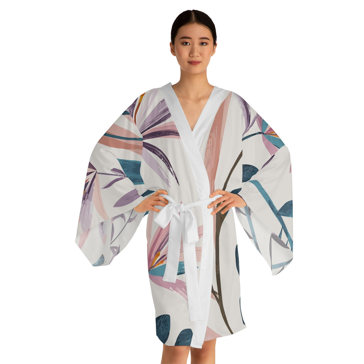 Breeze Kimono - Belted Botanical Print Wrap Robe with Wide Angel Sleeves in Abstract Painterly Leaf Design, Boho Beach Cover-Up XS to 2XL