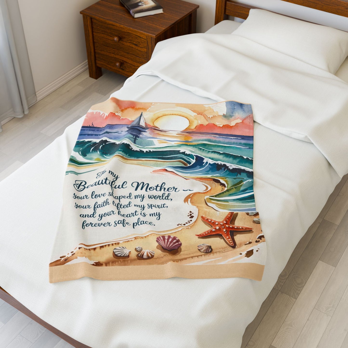 To My Beautiful Mother Velveteen Plush Blanket – Ocean Sunset Watercolour Beach Scene | Your Love Shaped My World | 3 Sizes | Gift for Mom
