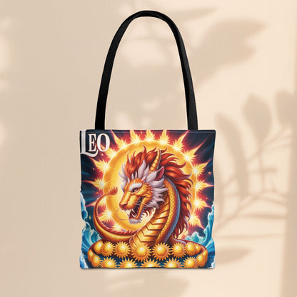 Leo Zodiac Tote Bag – Golden Dragon Sun Celestial Art | 3 Sizes | 5 Handle Colours | Leo Birthday Gift & Astrology Bag