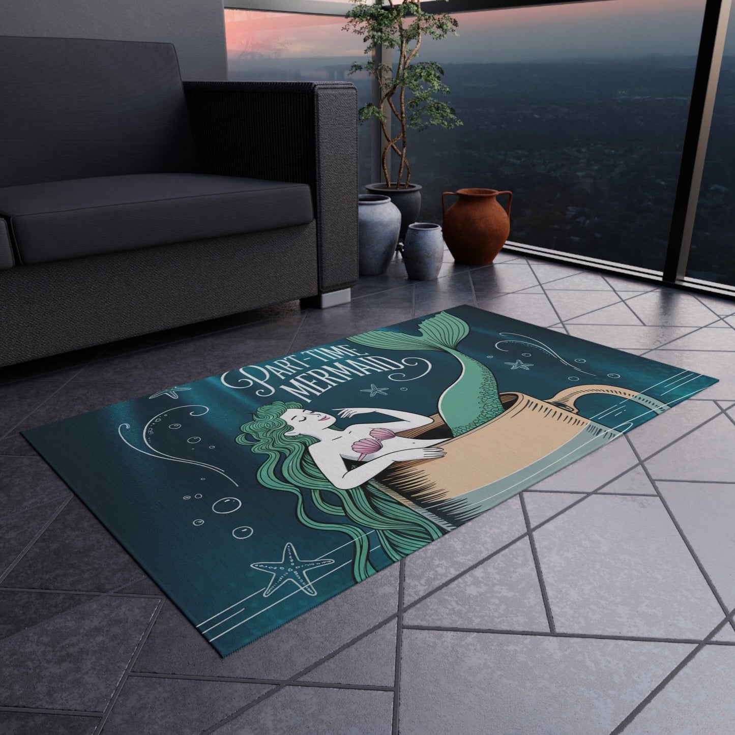 Part-Time Mermaid Outdoor Rug – Whimsical Mermaid in a Coffee Cup Chalk Art | Non-Slip UV-Resistant | 4 Sizes | Beach House Patio Coastal Decor
