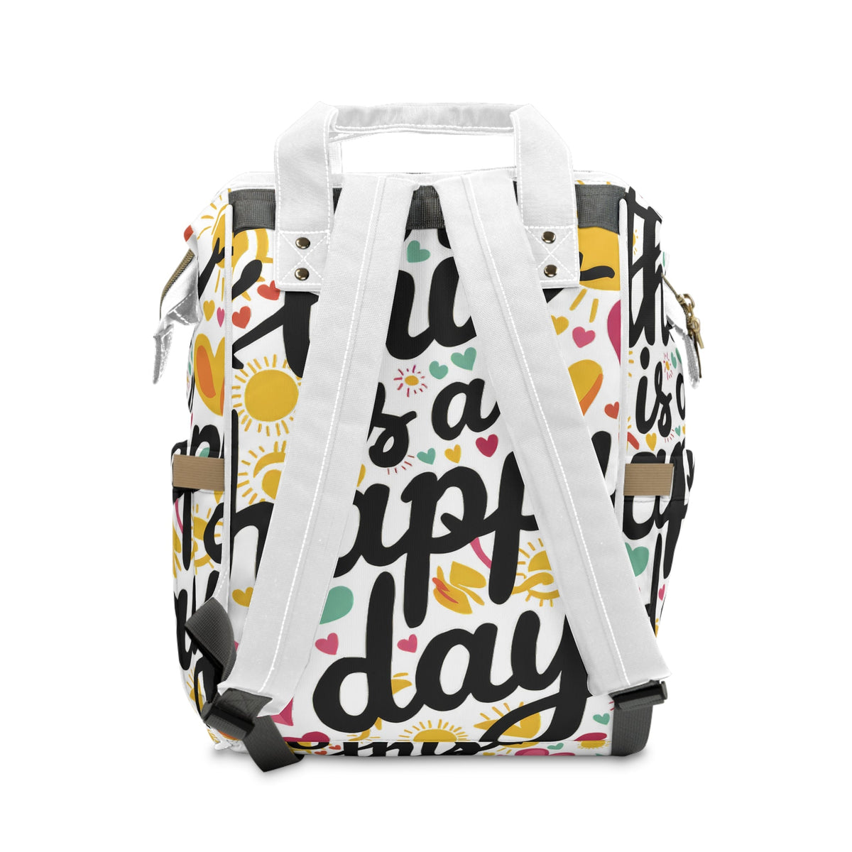This Is A Happy Day Diaper Backpack – Colourful Hearts & Sunshine Print | Insulated Bottle Pockets | Large Capacity Nappy Bag | Baby Shower & New Mum Gift