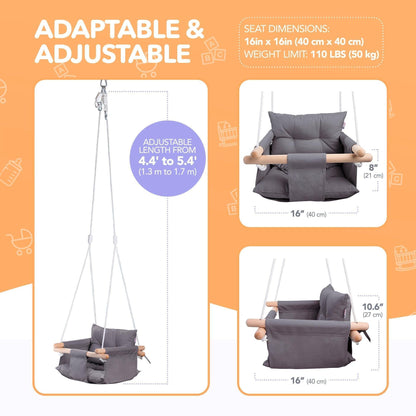 Dark gray hanging swing chair with wooden dowels and adjustable straps, side view