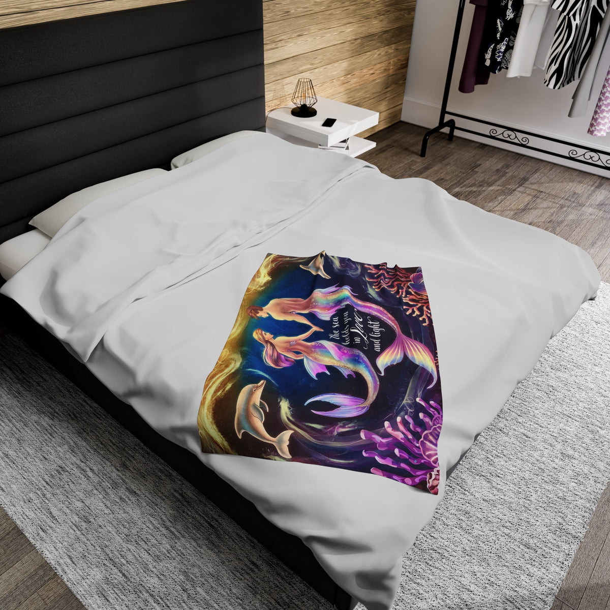Mermaid Love Velveteen Plush Blanket – Romantic Mermaid Couple with Dolphins ‘The Sea Holds You in Love and Light’ | 3 Sizes | Ocean Fantasy Art Throw