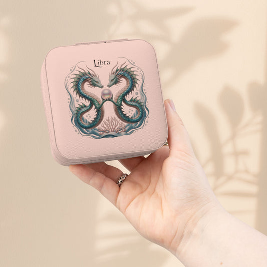 Libra Zodiac Jewelry Travel Case - Dual Sea Dragon and Pearl Design, Compact Zip Jewelry Organizer in Ivory, Pink, Soft Gold, or Tiffany Blue