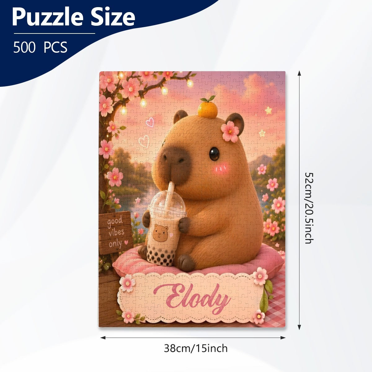Jigsaw puzzle (500 pieces) size 38x52 cm featuring a capybara holding a cup, name Elody