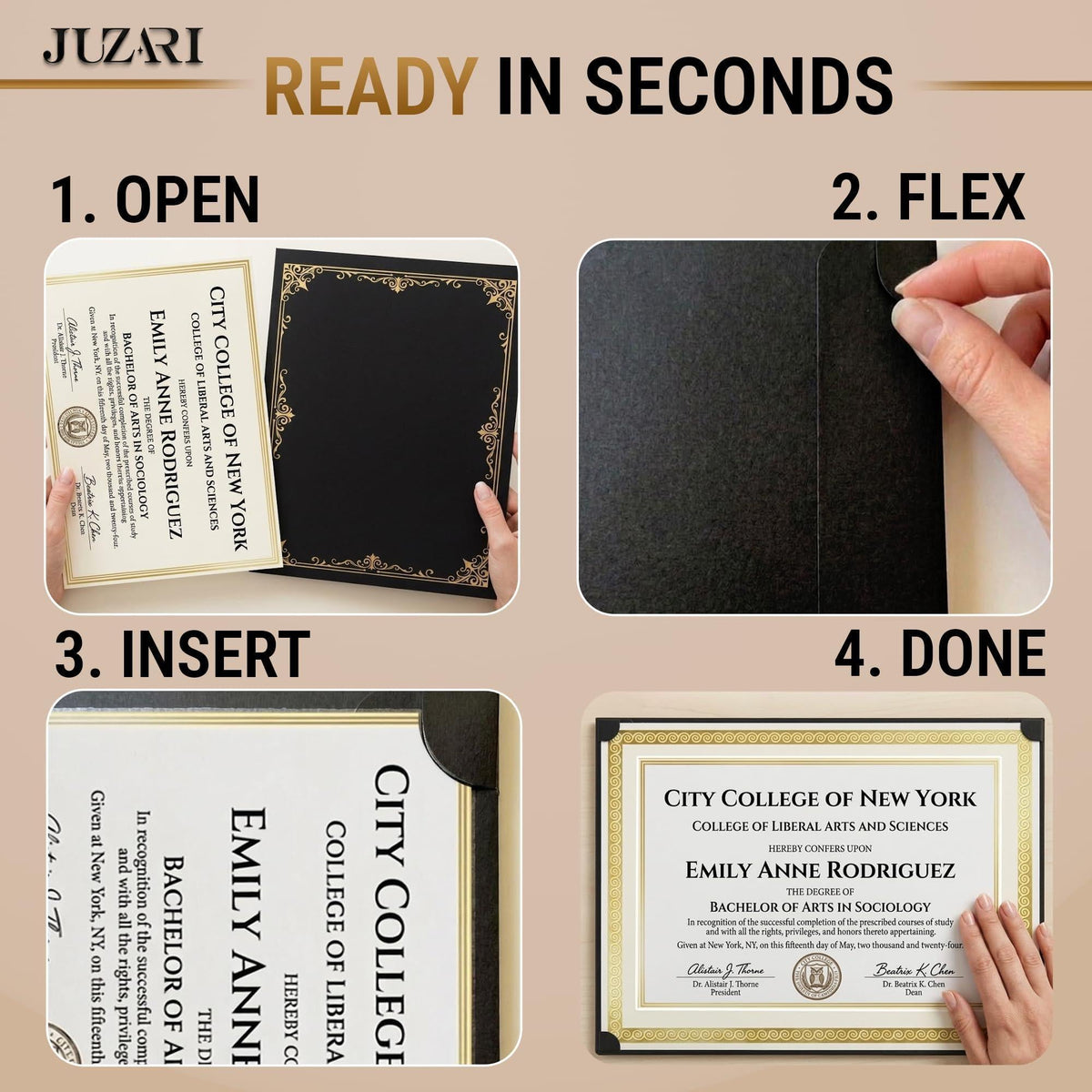 Black certificate holder with gold foil border, shown bending for quick insert