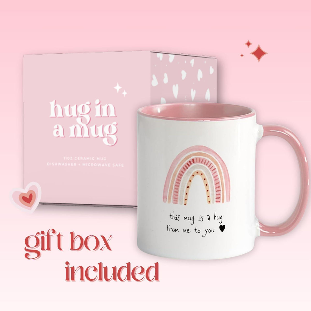 Pink-handled ceramic mug with rainbow hug design, shown with gift box packaging