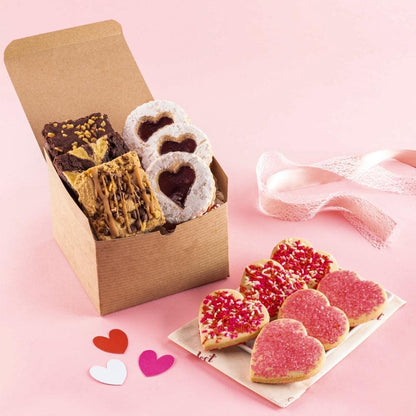 Valentine gift box with heart cookies: powdered hearts, chocolate-and-brownie pieces