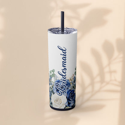 Bridesmaid Skinny Tumbler, 20oz Rose Floral Tumbler, Wedding Gift, Bridal Party, Customizable, Floral Tumbler