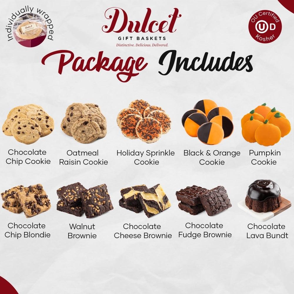 Assorted cookies lineup on gift basket package incl. pumpkin and orange-black cookies