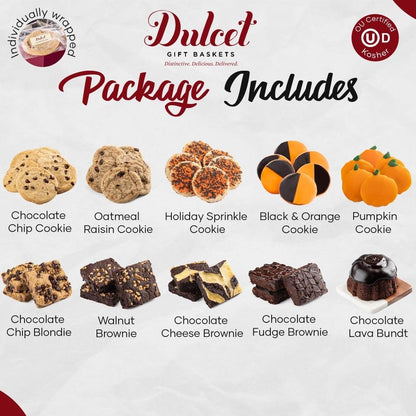 Assorted cookies lineup on gift basket package incl. pumpkin and orange-black cookies