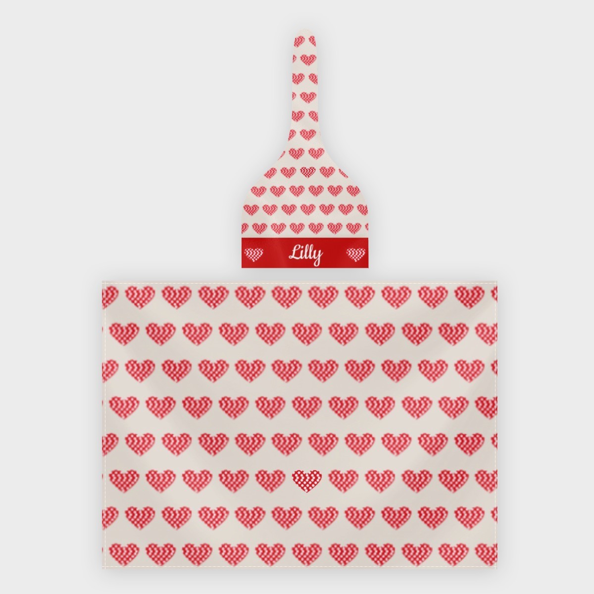 Personalized baby swaddle blanket with red heart pattern and name band