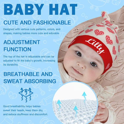 Baby swaddle hat and swaddle blanket set in red heart print with 'Lily' label