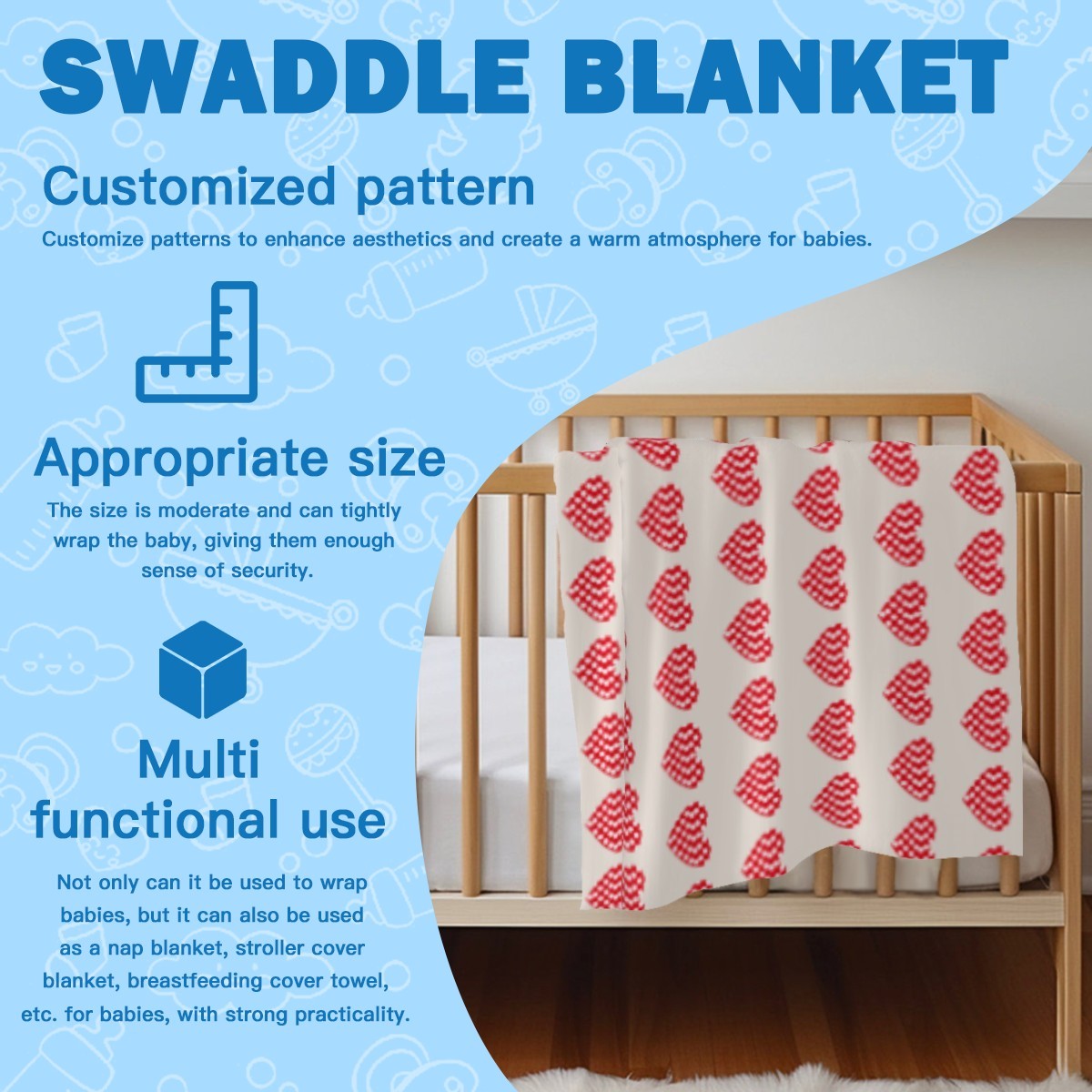 Matching baby swaddle blanket and hat set laid in a crib, red heart print