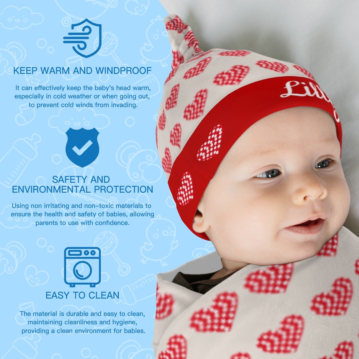 Baby wearing a red heart-print swaddle hat with 'Lily' over swaddle blanket