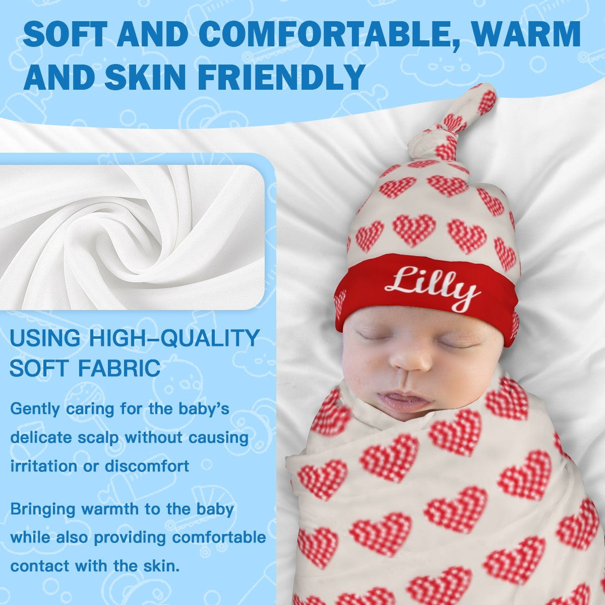 Red heart-print baby hat with swaddle blanket fabric close-up