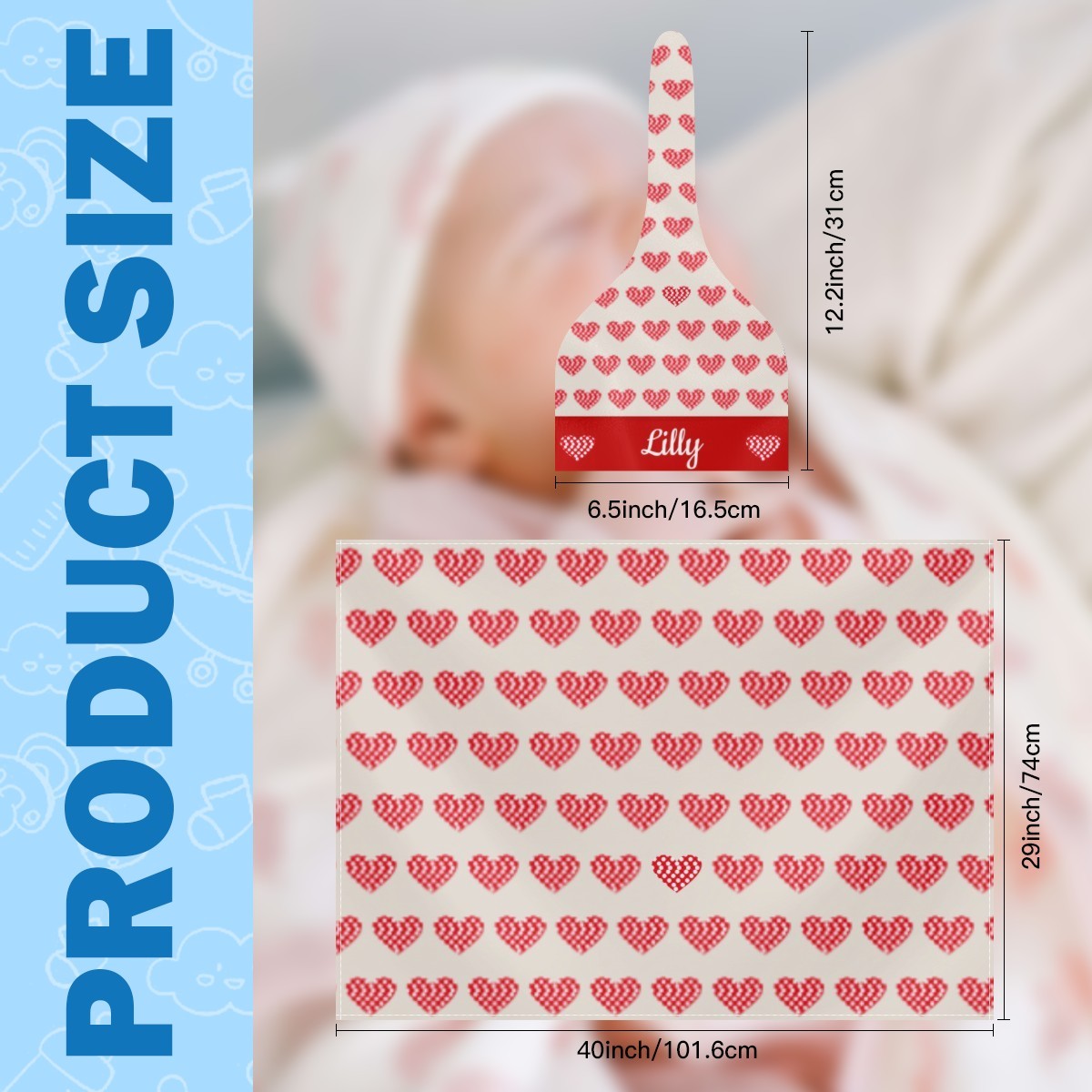 Red heart-print personalized baby swaddle blanket and hat set, shown flat