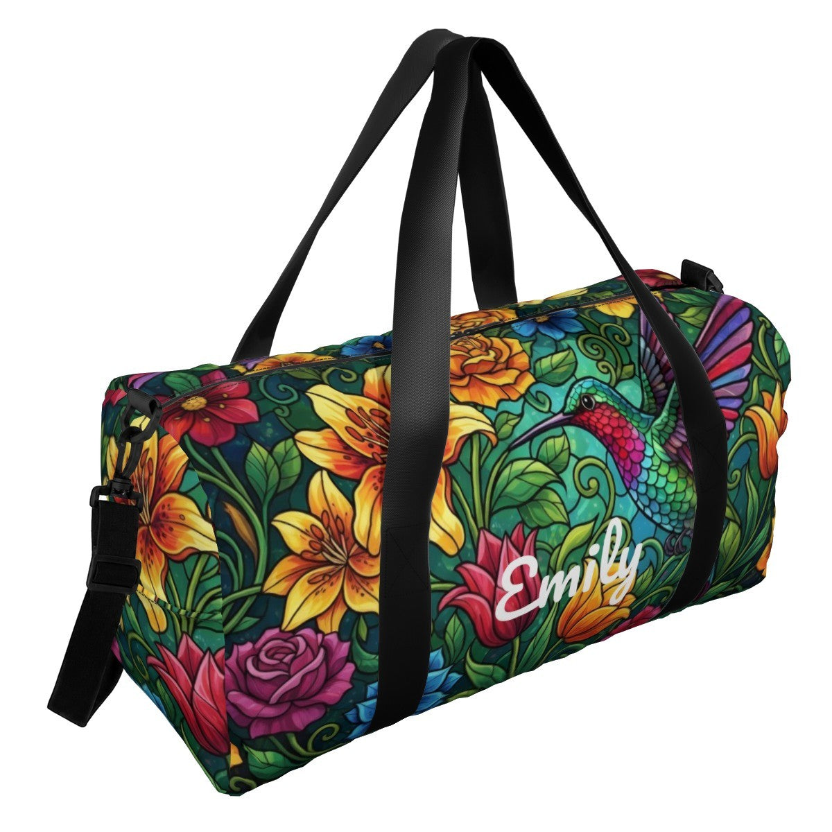 Floral duffel bag with black handles, zipper top, and detachable shoulder strap