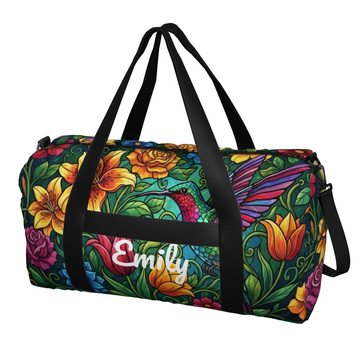 Floral duffel bag with black webbing straps and side zipper pocket