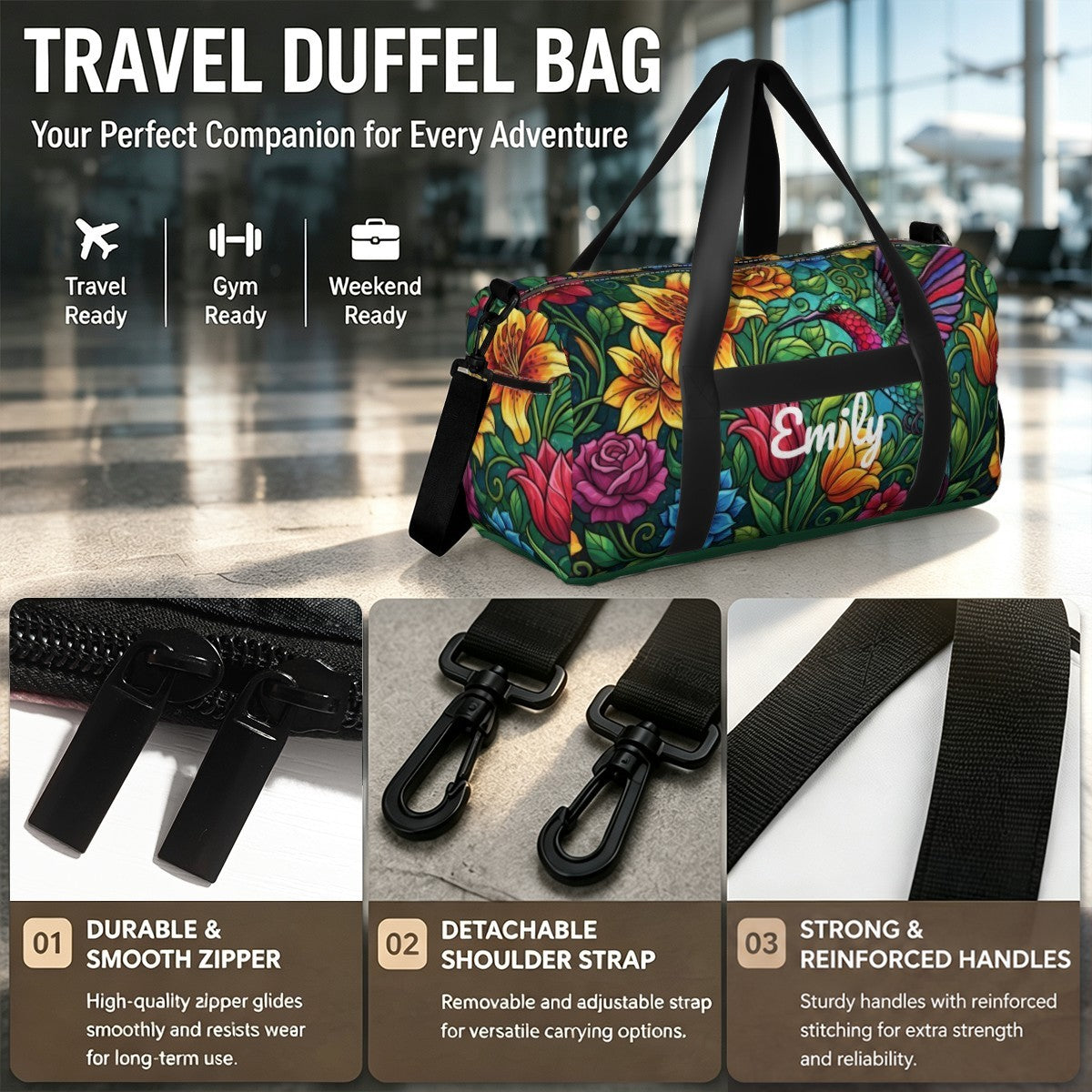 Floral travel duffel bag with black handles, front zipper, and Emily logo