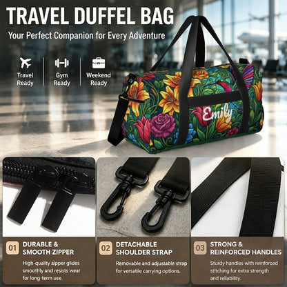 Floral travel duffel bag with black handles, front zipper, and Emily logo