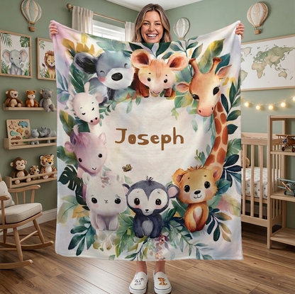 Safari animals baby blanket with name Joseph, watercolor koala, giraffe, panda and leafy jungle on white