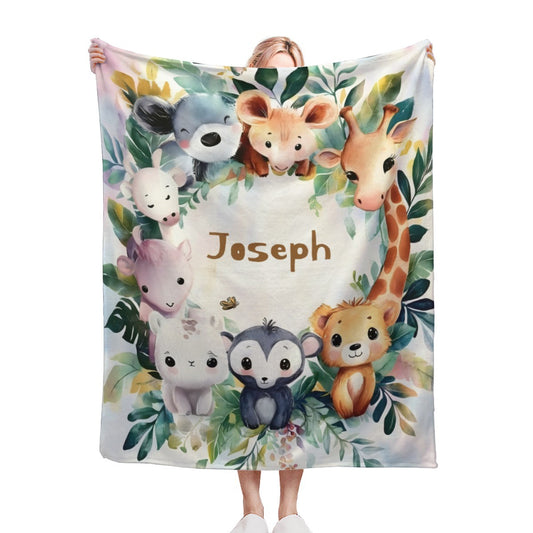 Safari animals baby blanket with name Joseph, watercolor jungle animals and leaves on white