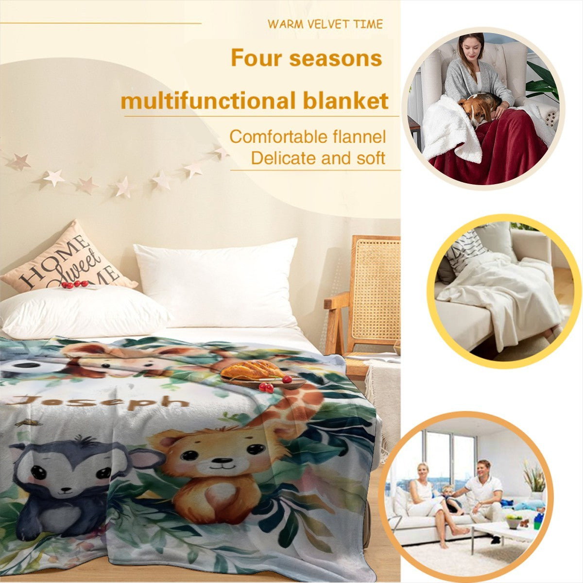 Safari animals blanket with name Joseph, spread on bed with watercolor animal and leaf print