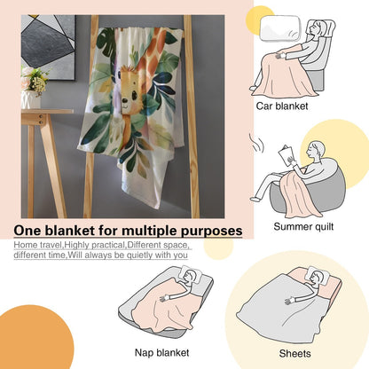 Safari animals blanket with name Joseph, hanging with giraffe and leaf print on white