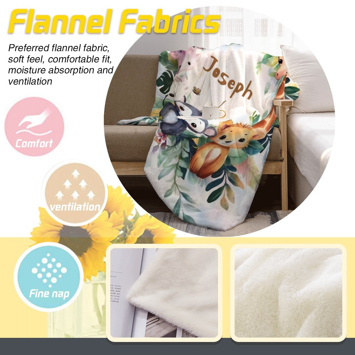 Flannel safari animals blanket with name Joseph, soft white fabric with jungle animal print