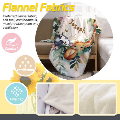 Flannel safari animals blanket with name Joseph, soft white fabric with jungle animal print