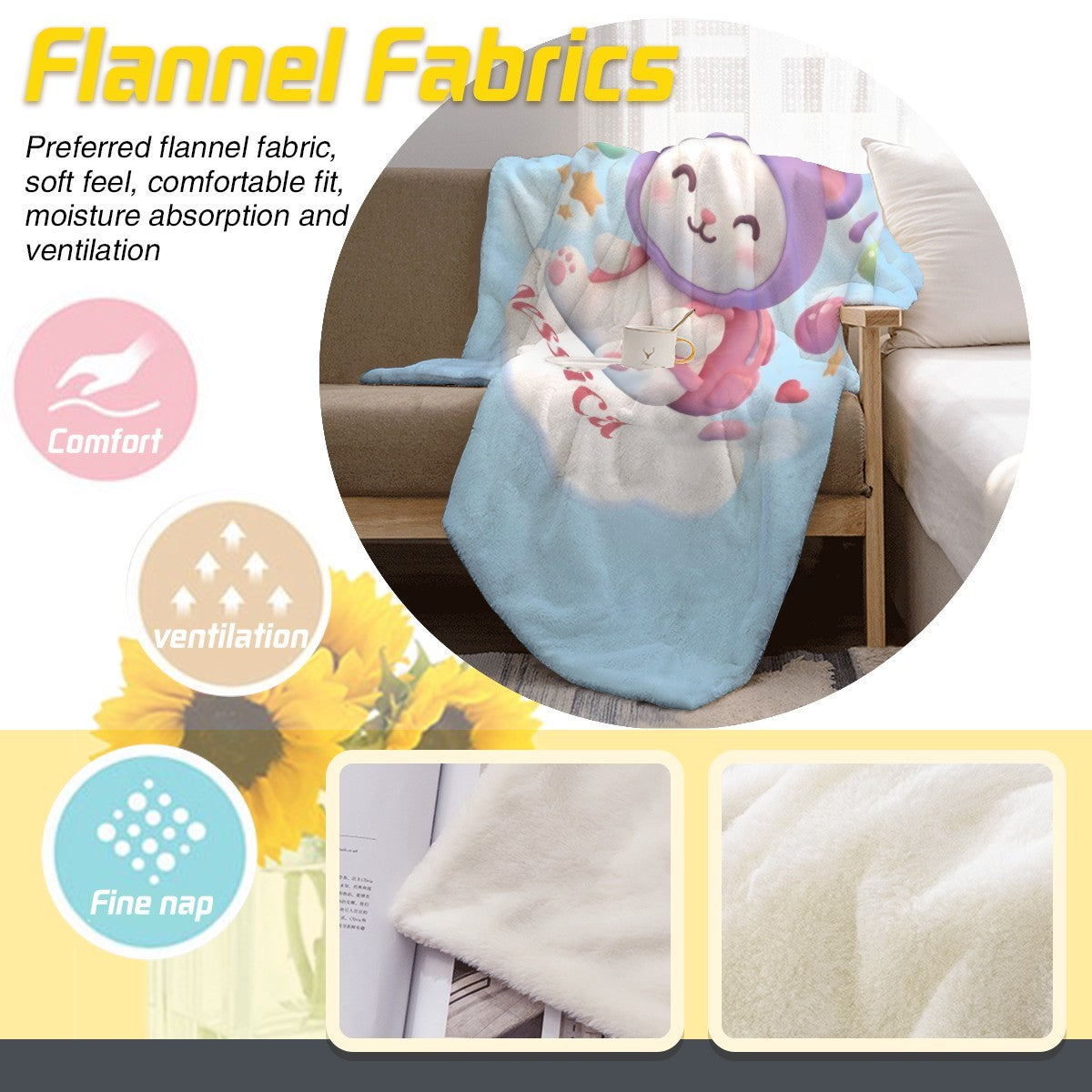 Light blue flannel fabric blanket featuring a purple bunny and “Jessica” name