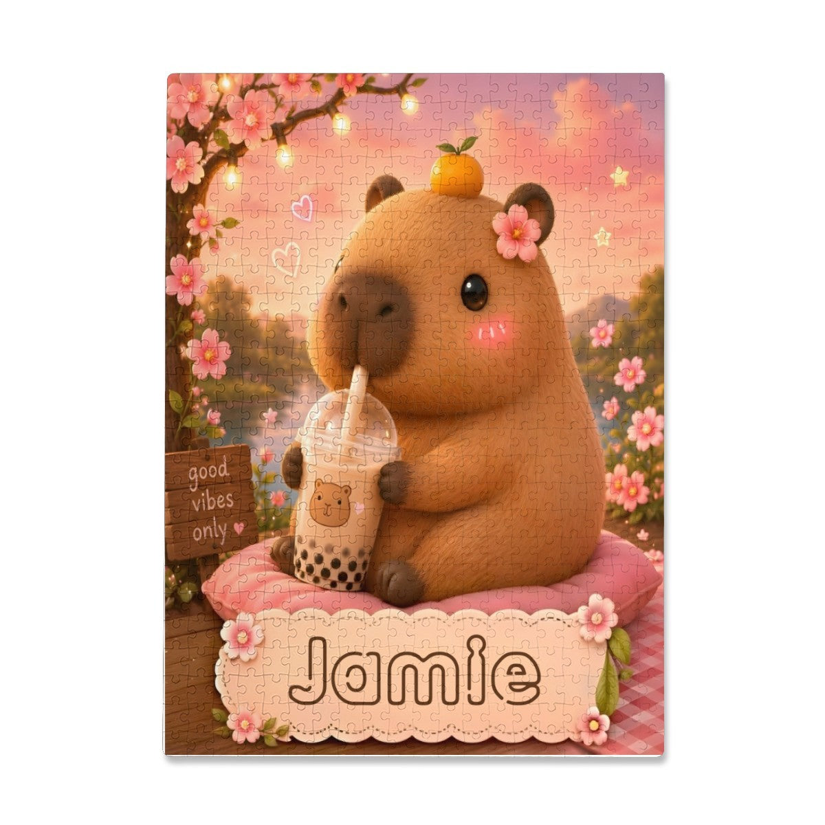 Jigsaw puzzle with brown bear holding a drink and “Jamie” floral artwork
