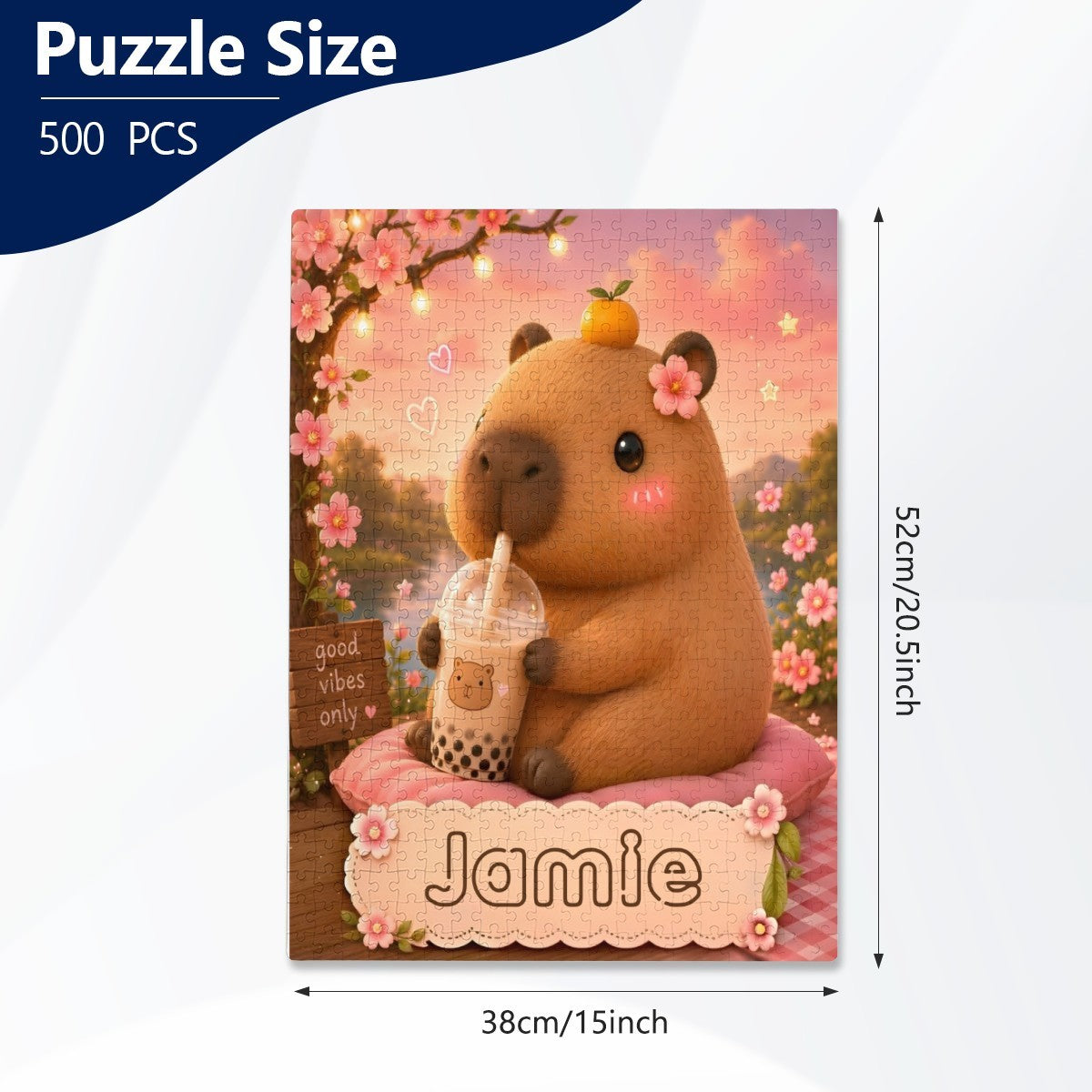Jigsaw puzzle box with 500 pieces and size details, brown bear “Jamie” artwork