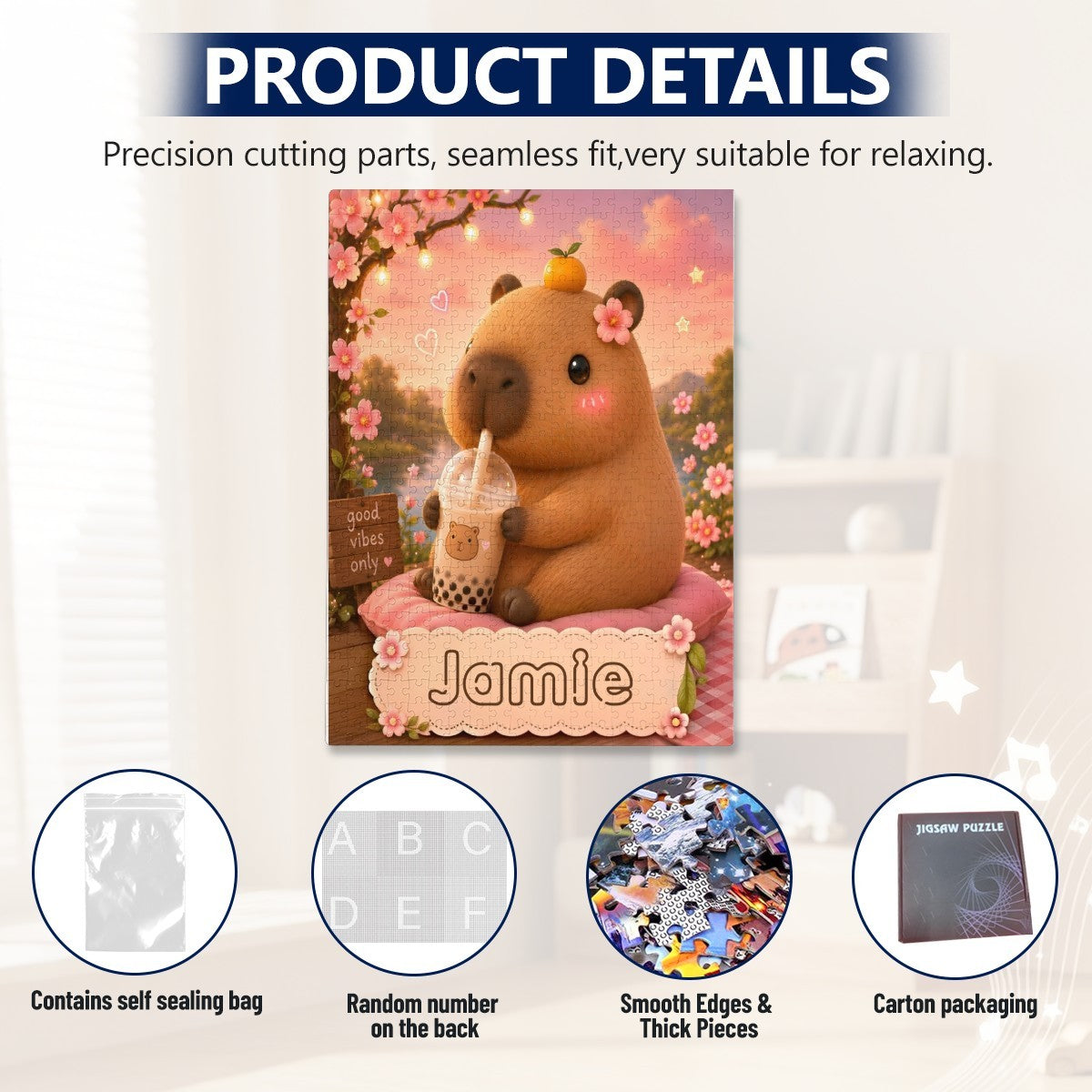 Jigsaw puzzle product details with bear artwork and smooth edges, thick pieces