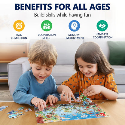 Children assembling a colorful jigsaw puzzle on a table