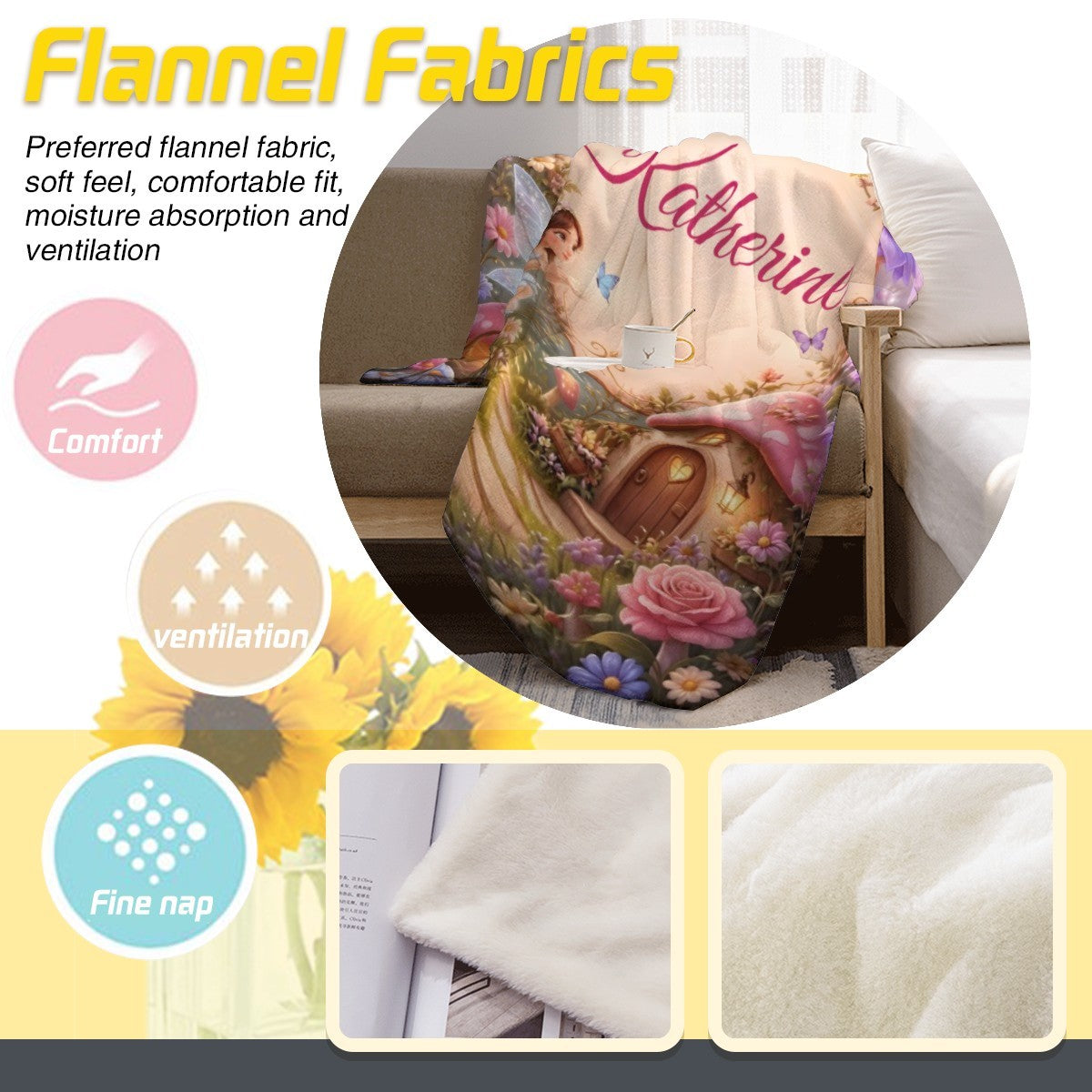Fleece throw featuring “Katherine” script over a fairy cottage scene with pink roses