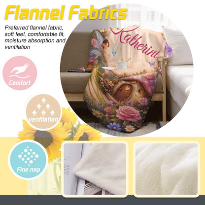 Fleece throw featuring “Katherine” script over a fairy cottage scene with pink roses