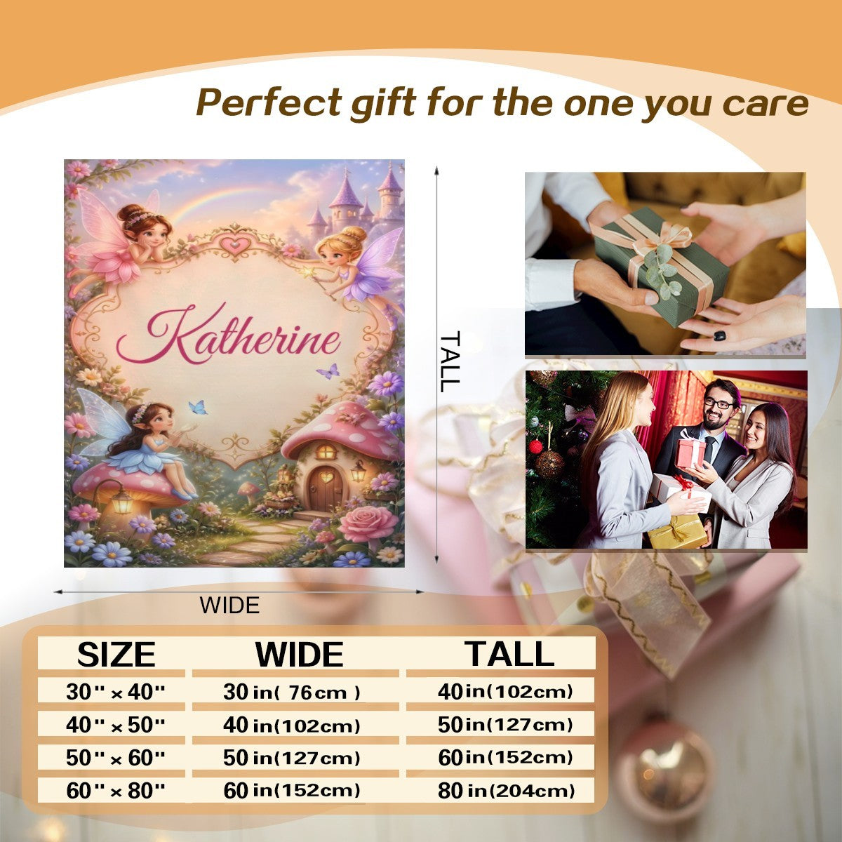 Personalized fairy cottage blanket with “Katherine” name, flowers, and two child fairies