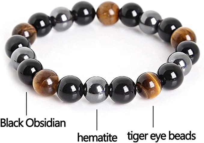 Beaded stretch bracelet with black obsidian, brown tiger-eye, and silver hematite beads