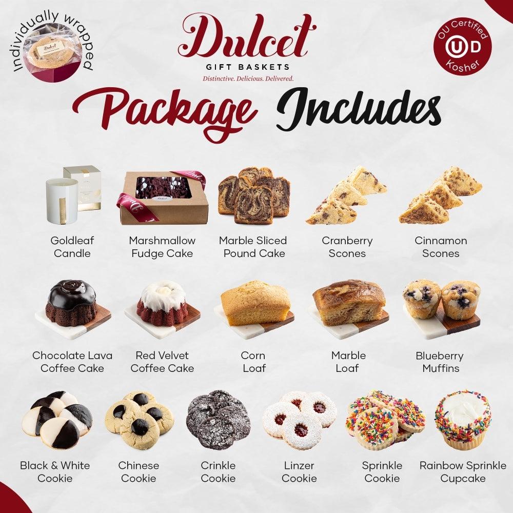 Dulcet package includes assorted baked treats shown on a label diagram