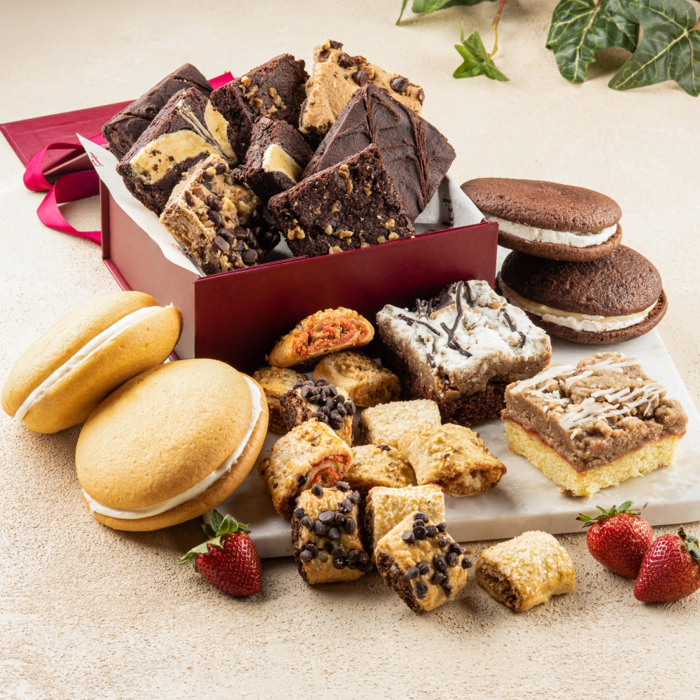 Bakery gift basket with assorted cookies and brownies in an open box