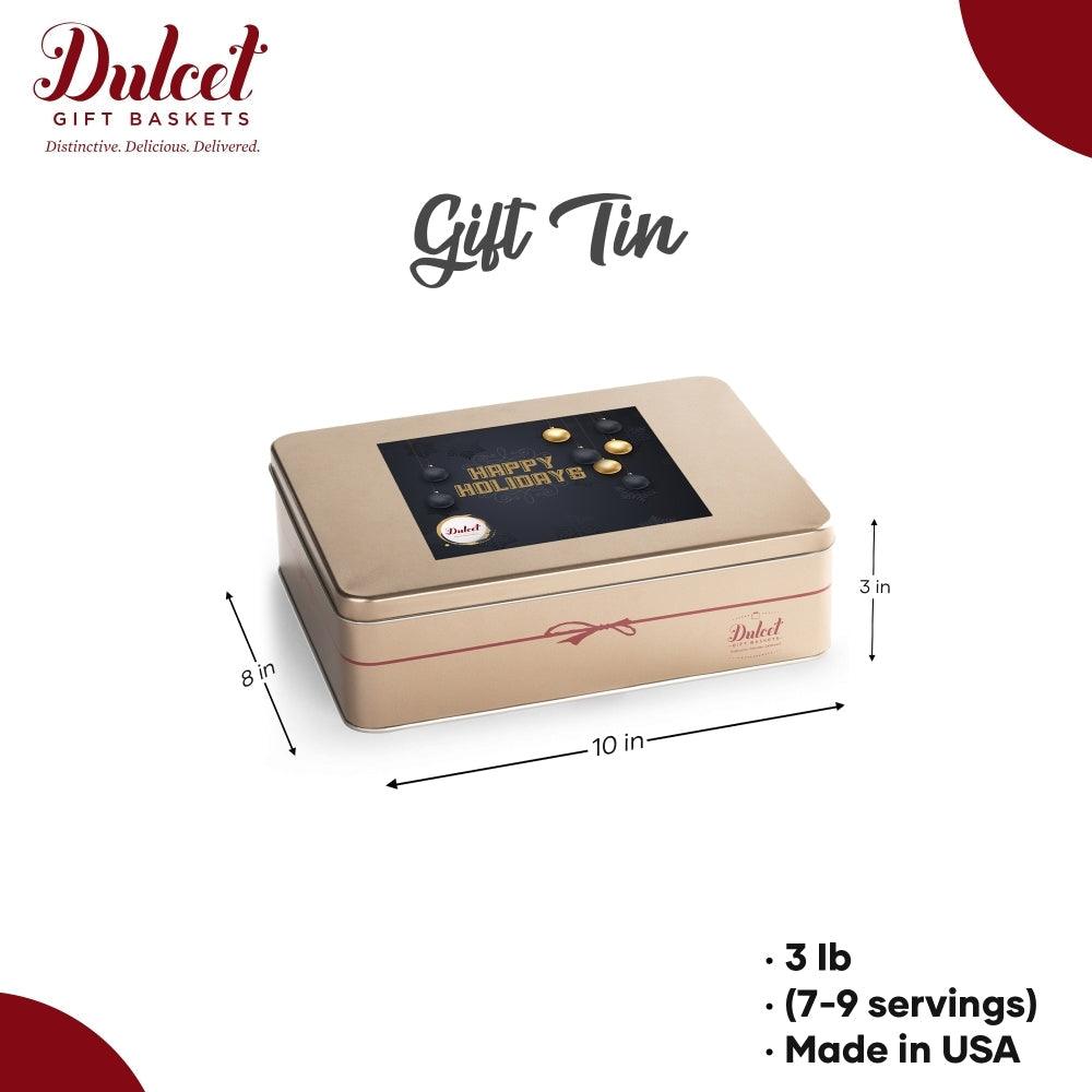 Beige Geschenk-Tattoo-Blechdose „Gift Tin“ mit Happy Holidays-Aufdruck, Maße 10 x 8 in