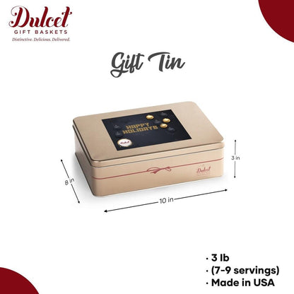 Beige Geschenk-Tattoo-Blechdose „Gift Tin“ mit Happy Holidays-Aufdruck, Maße 10 x 8 in